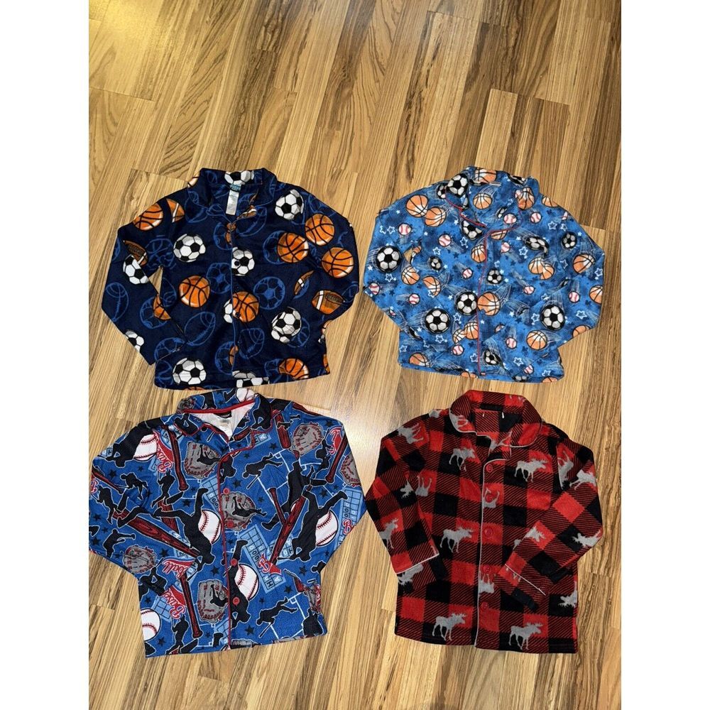 Fleece Pajama Tops‎ Boys Size 8 Small EUC Lot Of 4 Sports Baseball Red Plaid